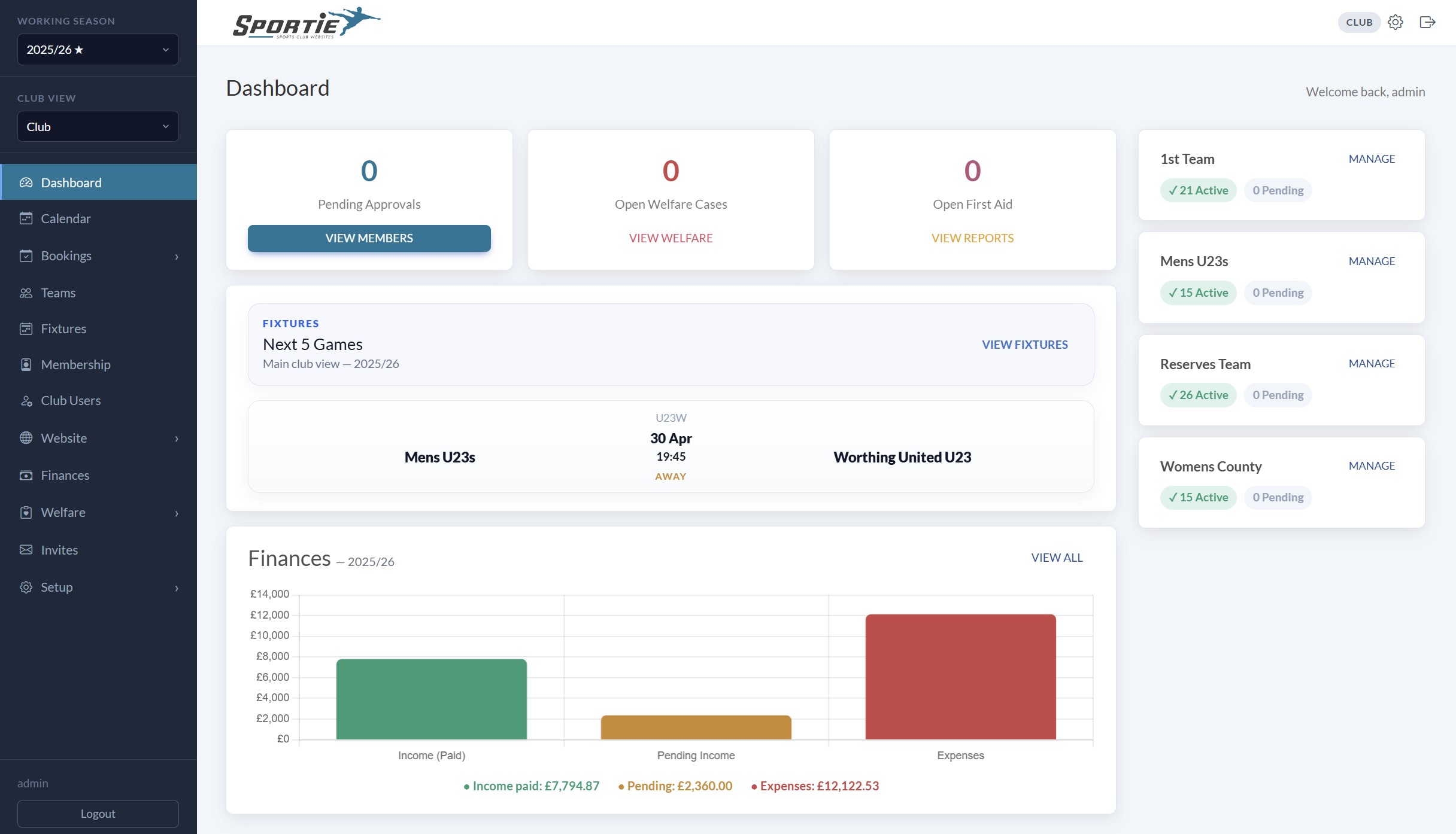 sportie admin dashboard